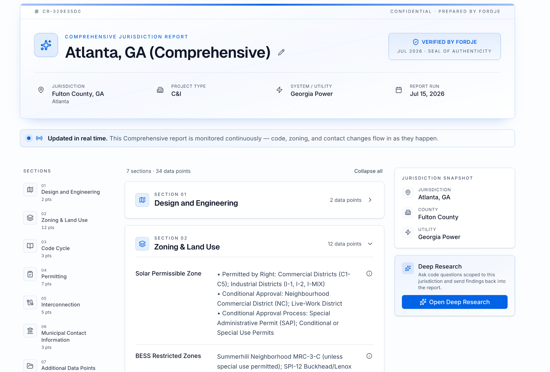 Comprehensive Fordje report for Atlanta, GA showing design, engineering, zoning, permitting, and interconnection requirements with citations.