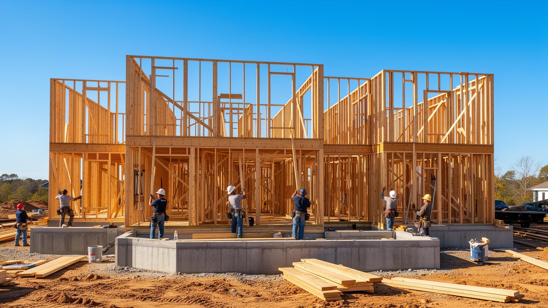 Workers framing residential home with wooden structure on concrete foundation